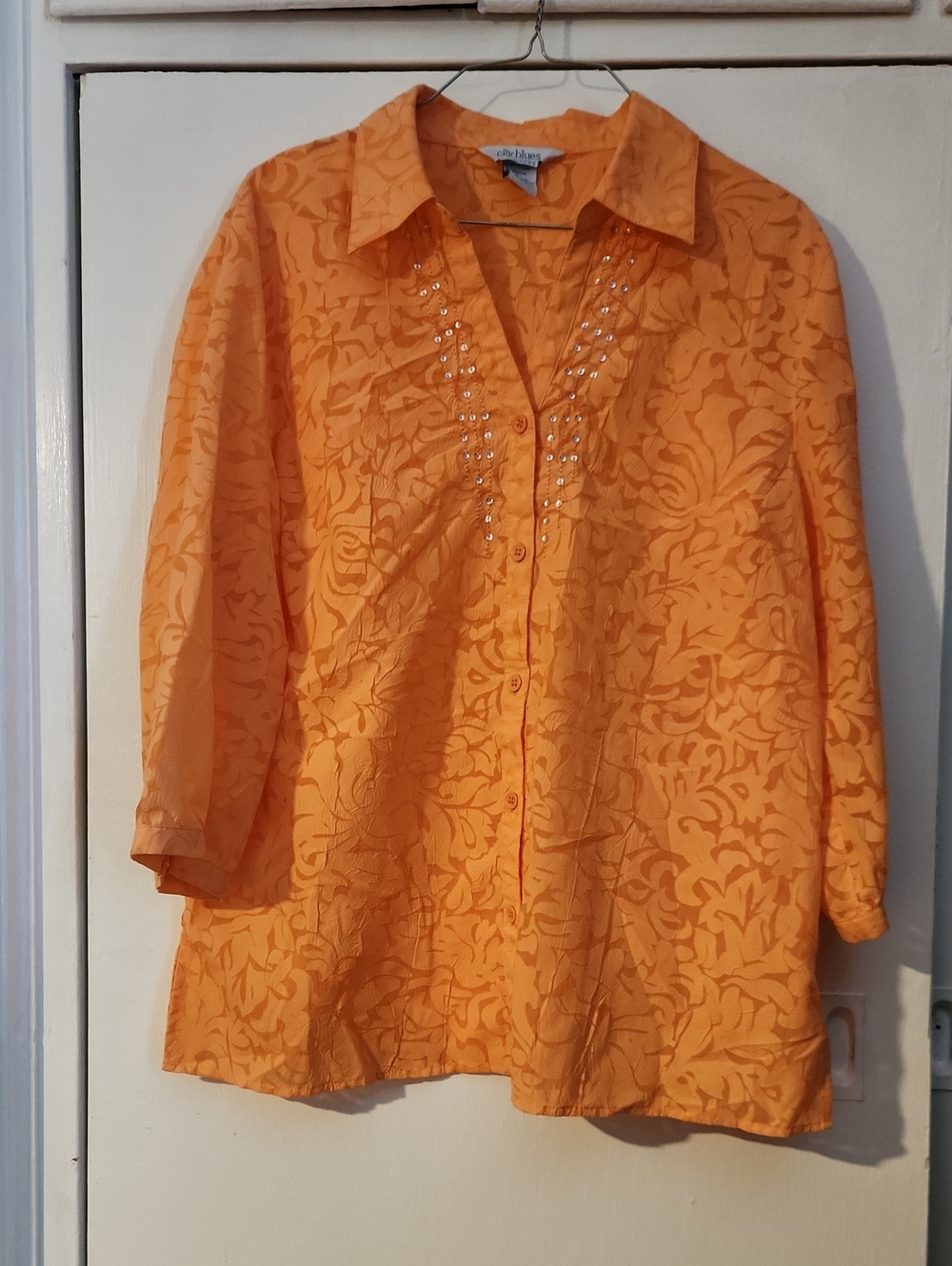 New Orange Embroidered Button-Front Blouse